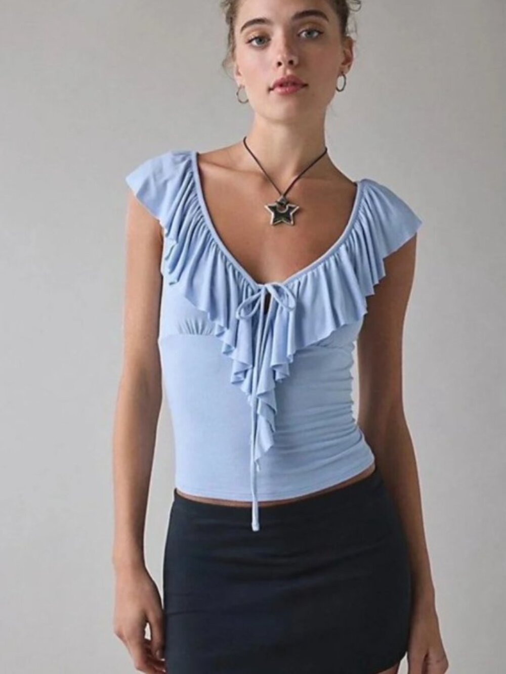(UO-35) Urban Outfitters Kimchi Blue Jada Ruffle Scoop Neck Jersey Knit Top